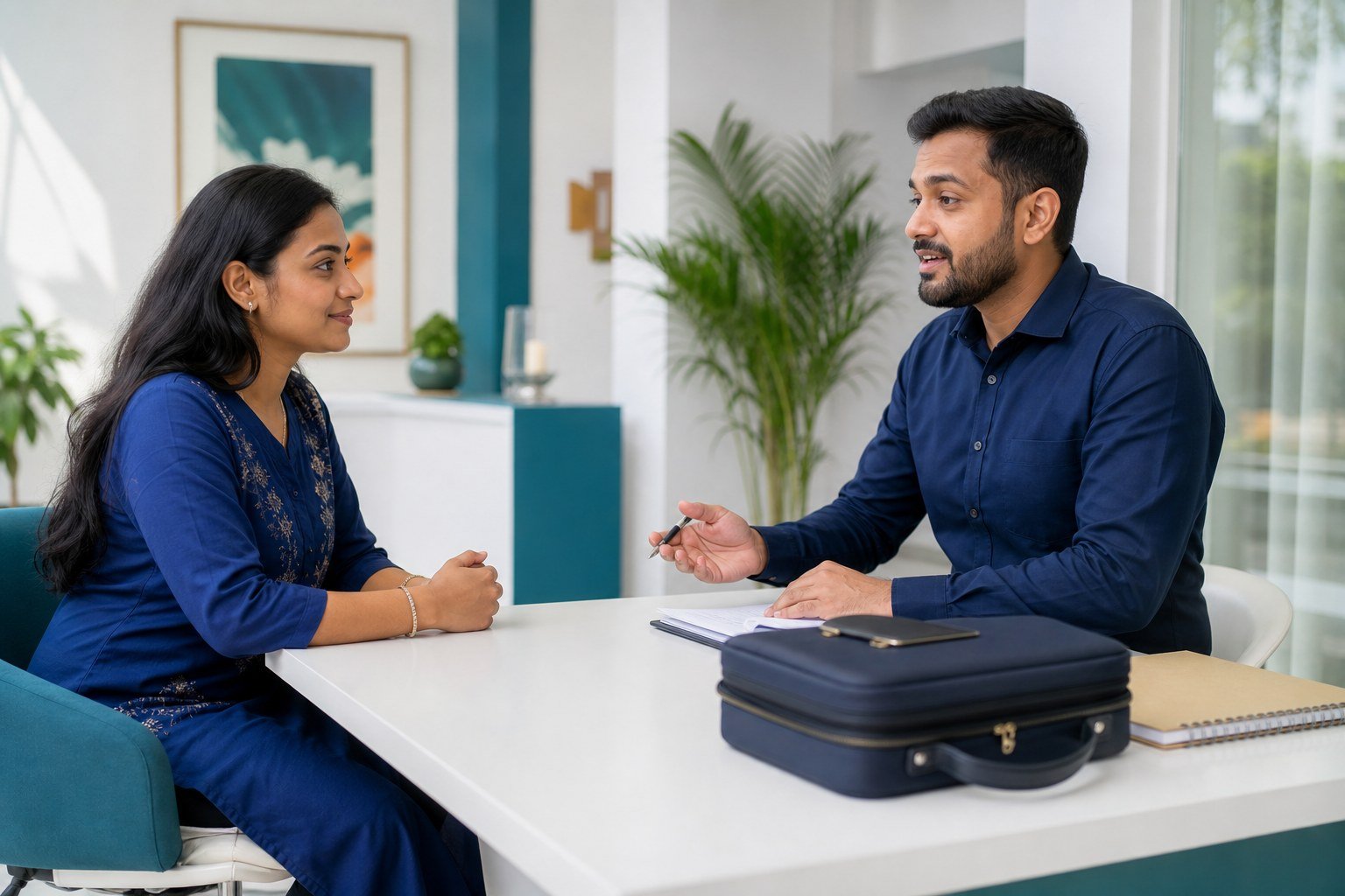 Adult learner discussing course options with an academy guidance advisor