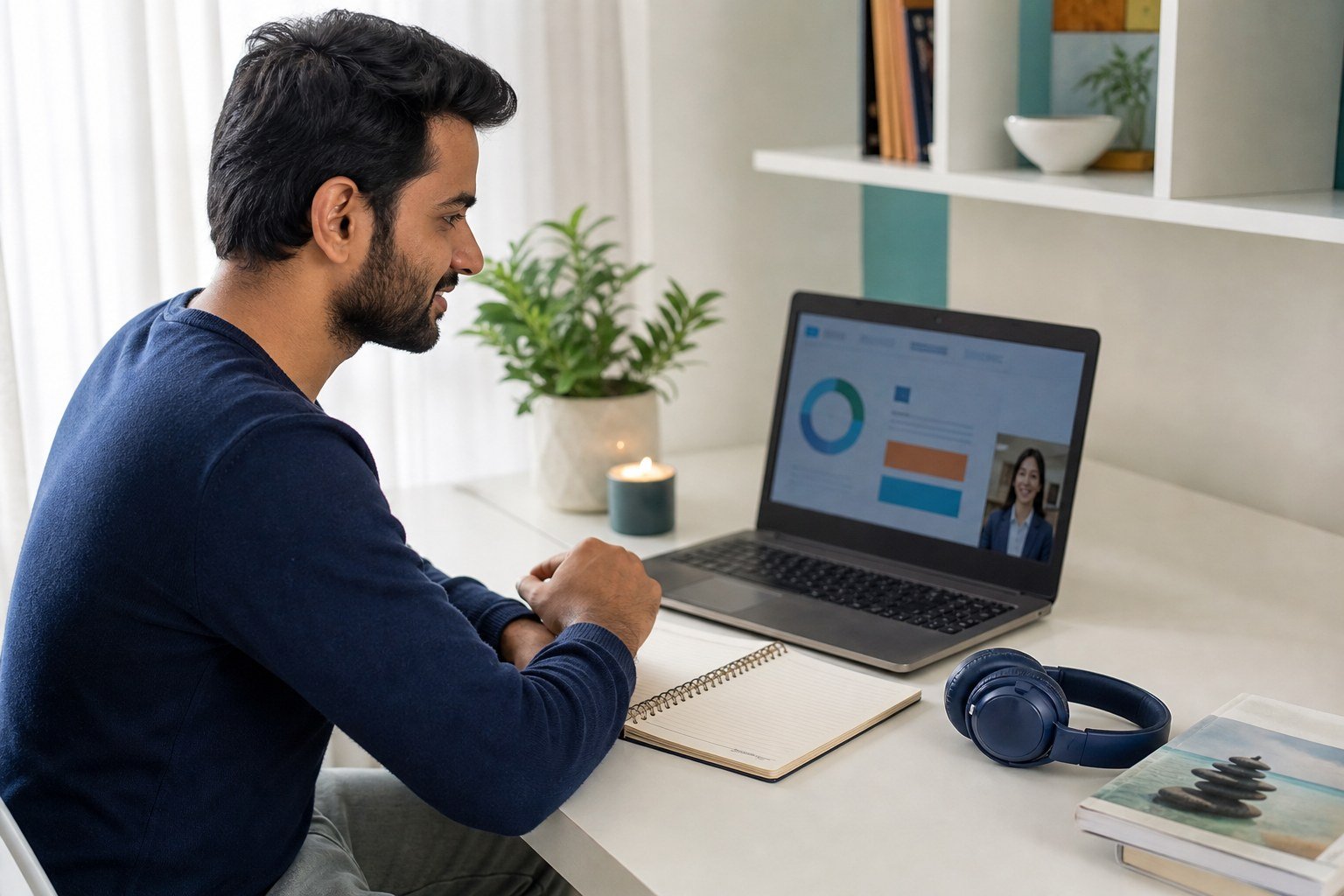 Adult learner receiving online course support at a professional study desk