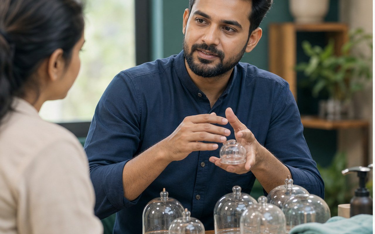MS Anwar male trainer consultation with cupping equipment